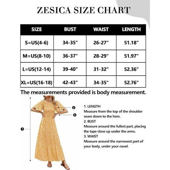 Women's Yellow Summer Casual Floral Print Short Flutter Sleeve Flowy Maxi Dress